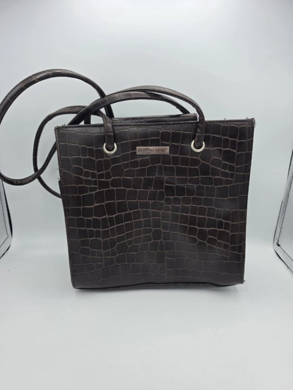 Vintage Connections Faux Croc Purse Handbag Black Crocodile Bag Shoulder EUC
